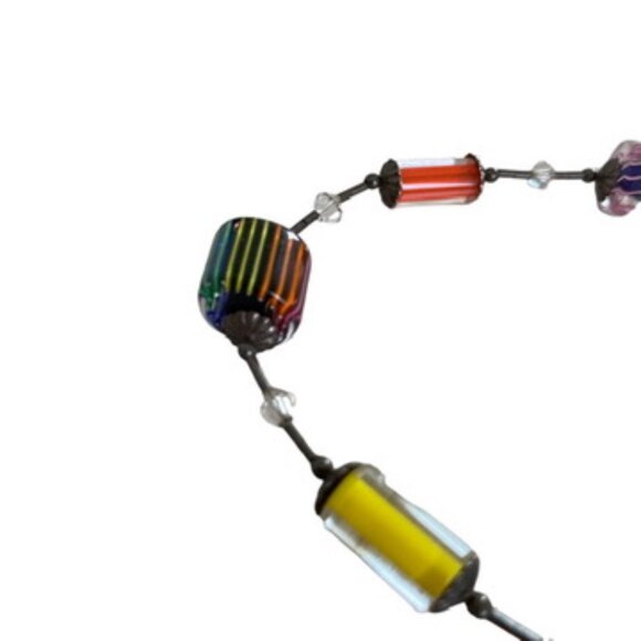 Sterling Silver Beaded Choker Rainbow Art Glass Necklace Modernist Jewelry Artsy - Picture 2 of 13